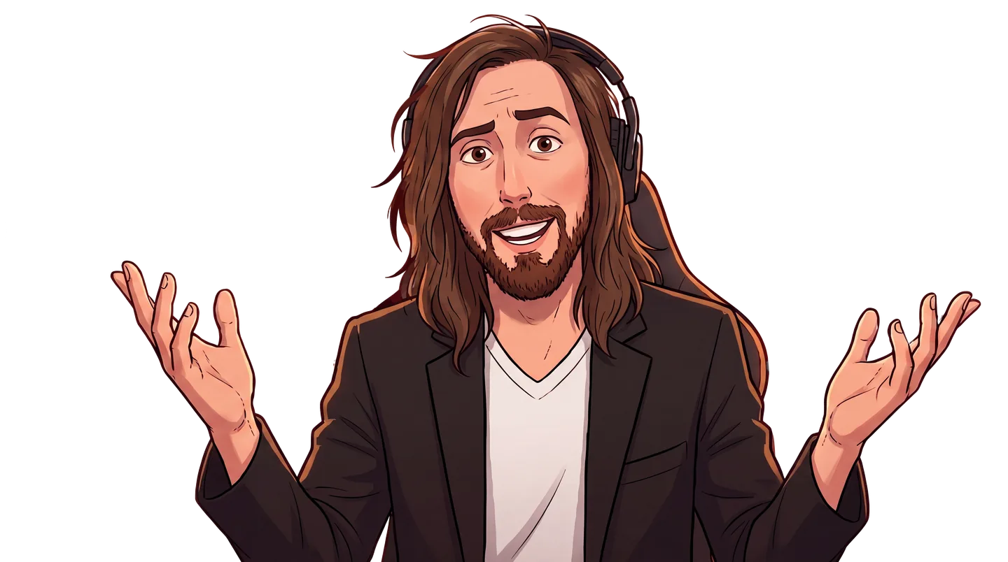 Illustrated portrait of Asmongold — long hair, headphones, arms spread mid-take